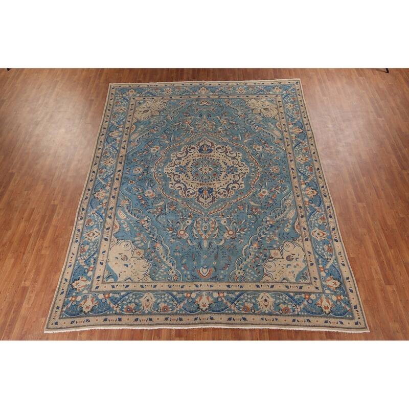 Blue Tabriz Vintage Persian Area Rug Handmade Living Room Wool Carpet - 9'8" x 12'7"