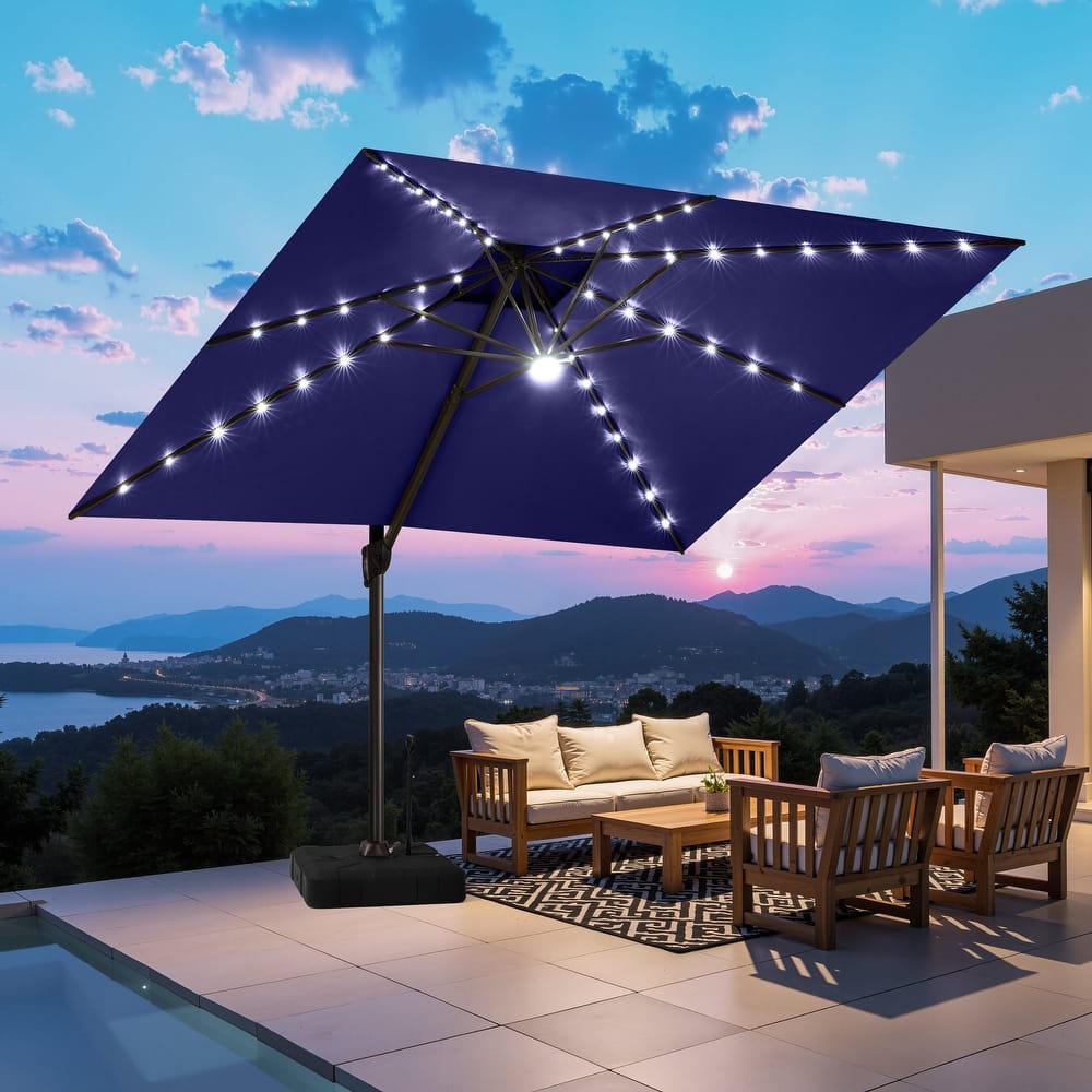 11 FT Outdoor Solar-Powered LED Light Aluminum Patio Cantilever Umbrella with Base