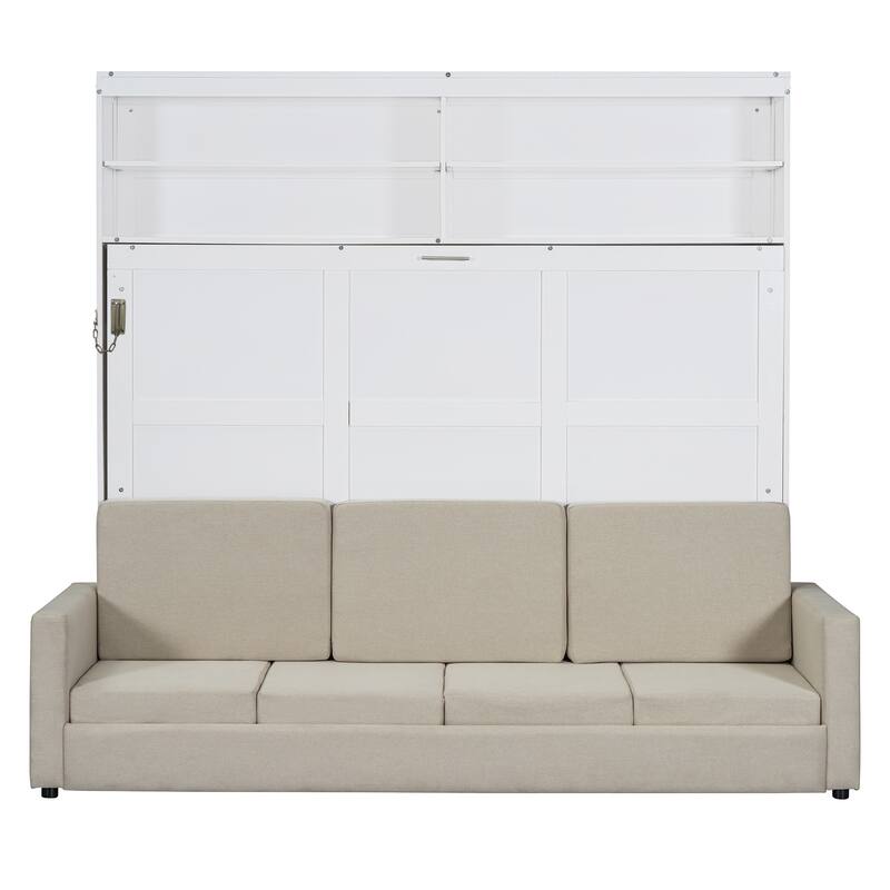 Foldable Canbinet Bedframe Storage Murphy Bed Queen Size Wall Bed with Integrated Linen Upholstered Sofa and Open Shelves