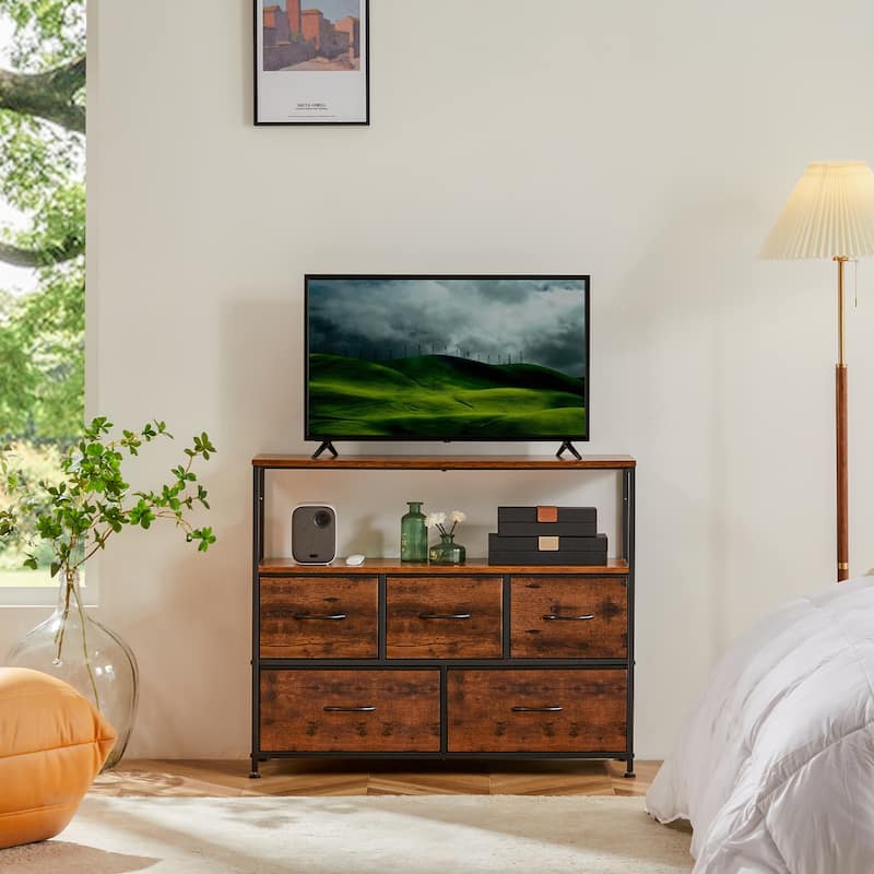 5 Fabric Drawers Dresser for Bedroom TV with Open Storage Shelf