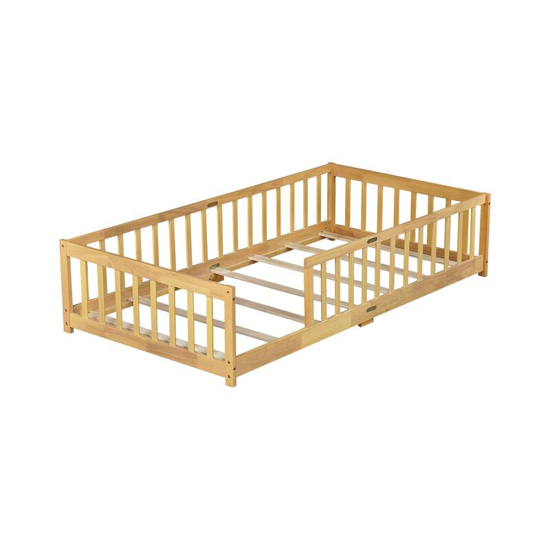 Roomfitters Twin/Full Floor Bed with Surround Fence, Rubber Wood Platform with Guardrails and Slats, Natural