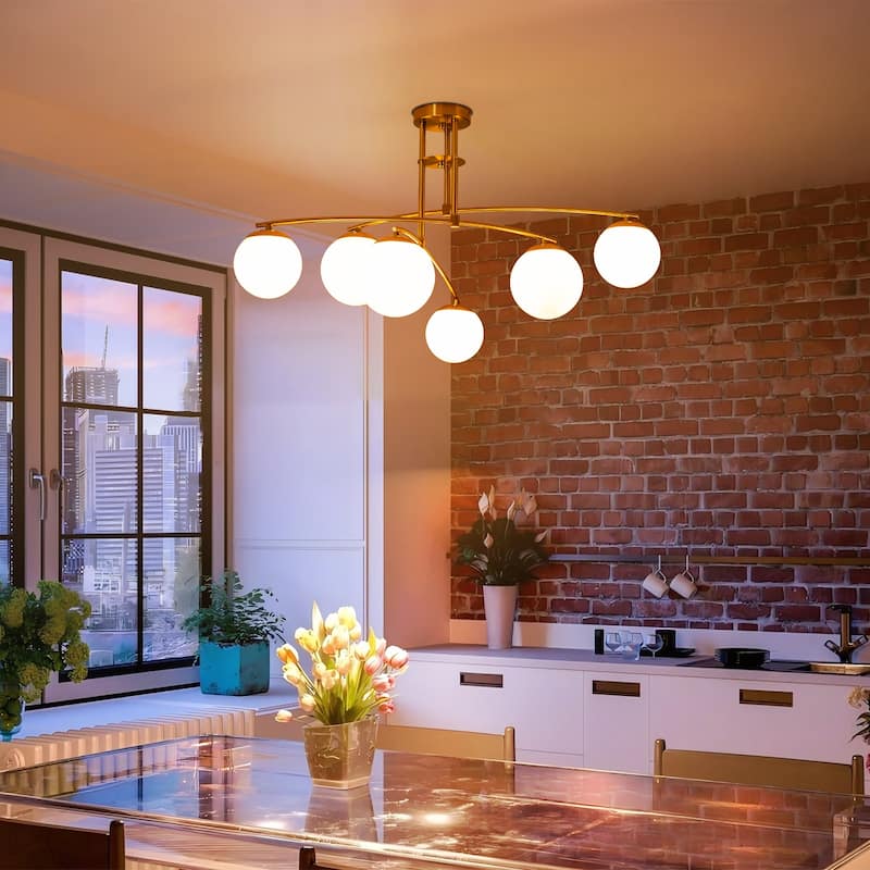 6-Light Modern Sputnik Linear Opal Frosted Glass Globe Bubble Semi-Flush Mount Light