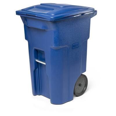 64-Gallon Blue Polyethylene Trash Can With Quite Rubber Wheels and Lid