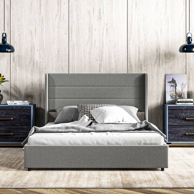 Light Grey Linen Fabric Upholstered Bed Frame with 4 Storage Drawers and Steel Frame - Full