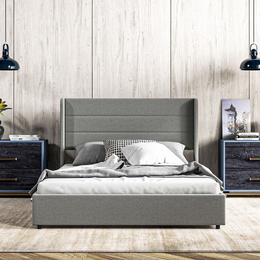 Light Grey Linen Fabric Upholstered Bed Frame with 4 Storage Drawers and Steel Frame