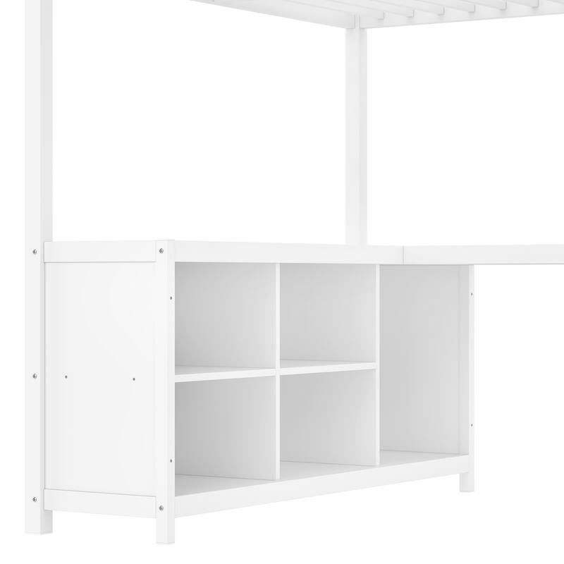 Metal Loft Bed with Wardrobe and L-shaped Desk, Full Size Loft Bed with Storage Cubes and Shelves