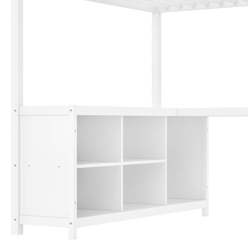 Queen/Full Size Loft Bed with Wardrobe & L-Shaped Desk, Storage Shelves & Cubes for Kids, Teens, Adults