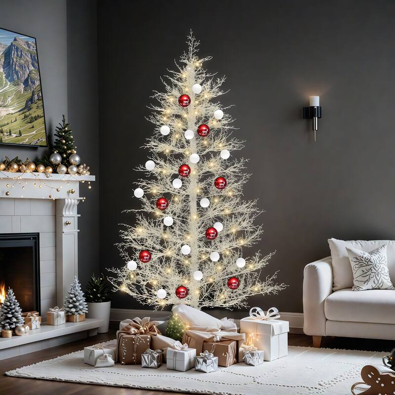 6 /7.5 FT Prelit White Artificial Birch Christmas Tree with Remote