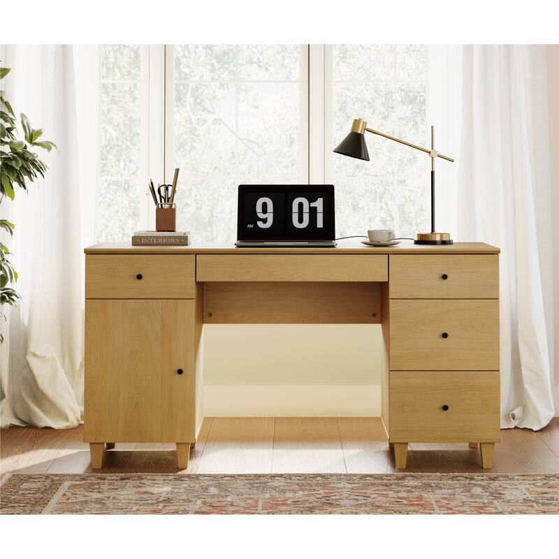 WAMPAT 58" Executive Desk with 5 Drawers & 1 Storage Cabinet - Oak