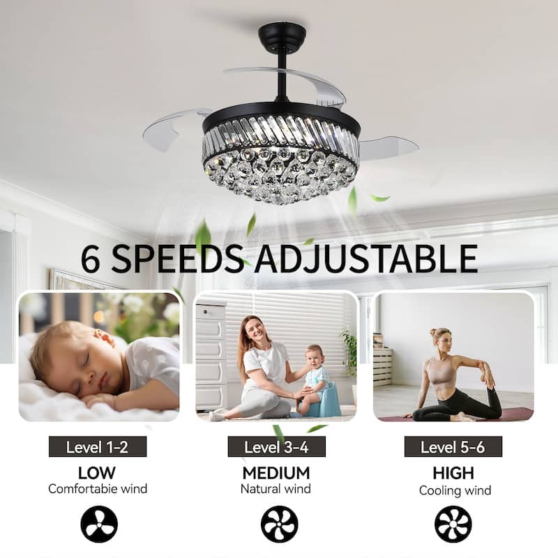 48" Crystal Fandelier Ceiling Fan with Light and Retractable Blades LED Dimmable for Bedroom Living Room - 48 Inches