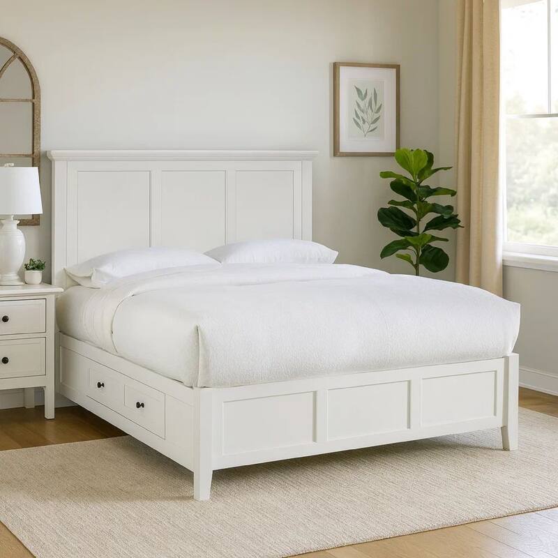 Neo King Size Bed, Panel Design Farmhouse Wood Frame with Slats, White