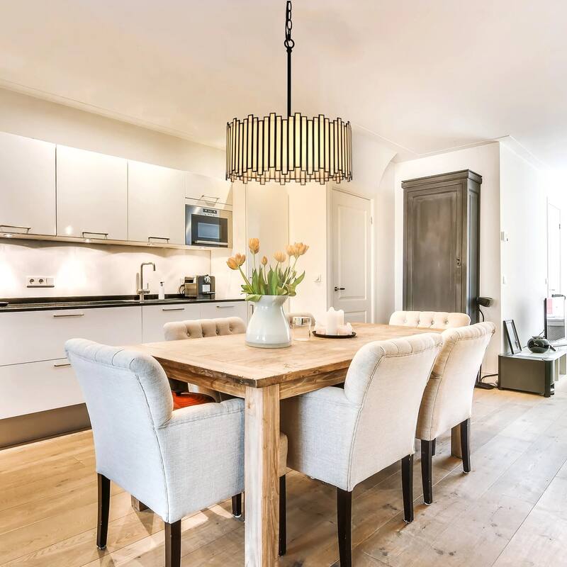 Tifany Modern Black 4-Light Drum Colored Glass Chandelier for Dining Room