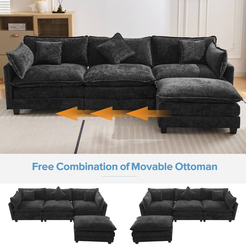 112.2" Modern L-Shaped 4-Seat Sectional Sofa with Removable Ottoman, 5 Plush Pillows, and Sturdy Construction