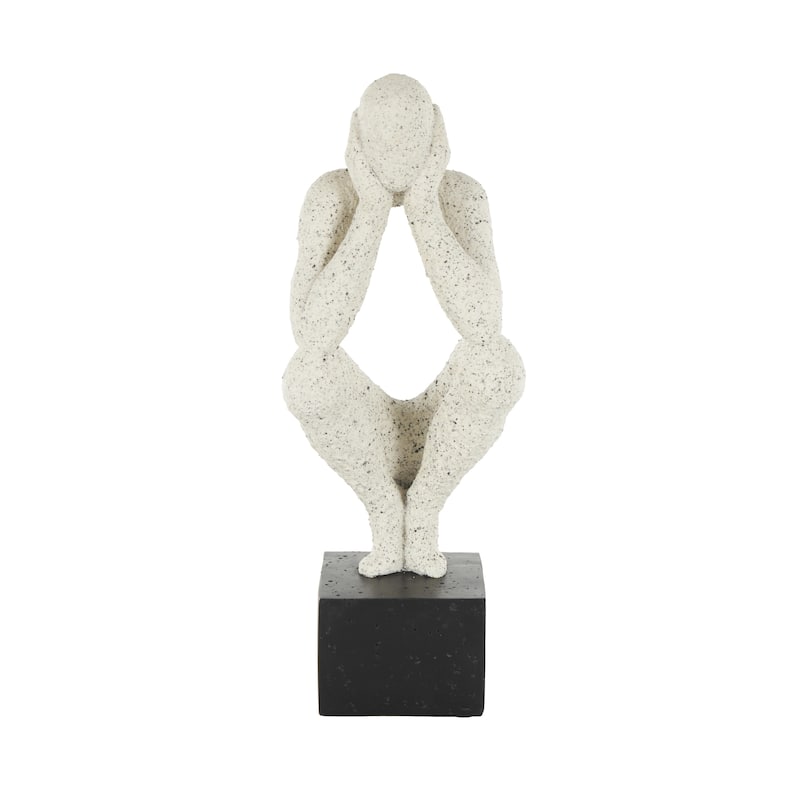 Cream Polystone Crouching People Decorative Sculpture with Black Square Base