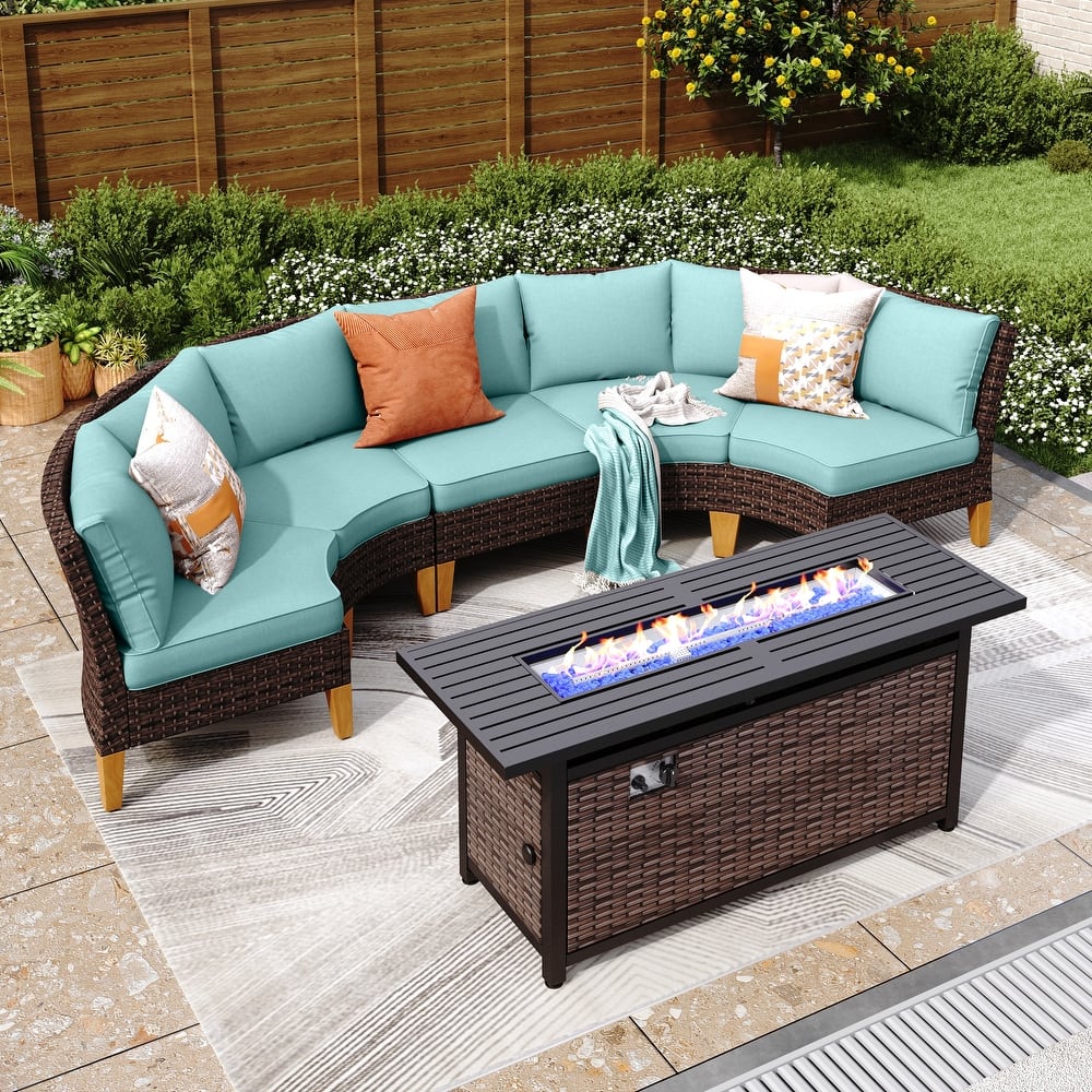 6-11 Piece Patio Outdoor Wicker Sectional Sofa Half-Moon Furniture Set Large Seating Conversation Sets with Fire Pit Table