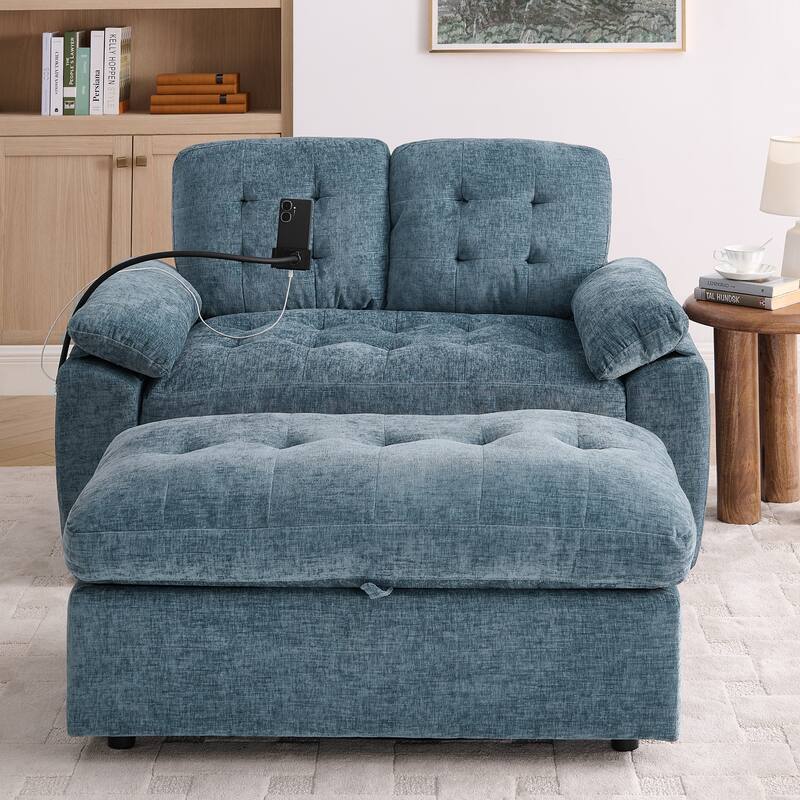 Double Recliner Chair with Adjustable Backrest, Storage Ottoman, USB Port & Phone Stand