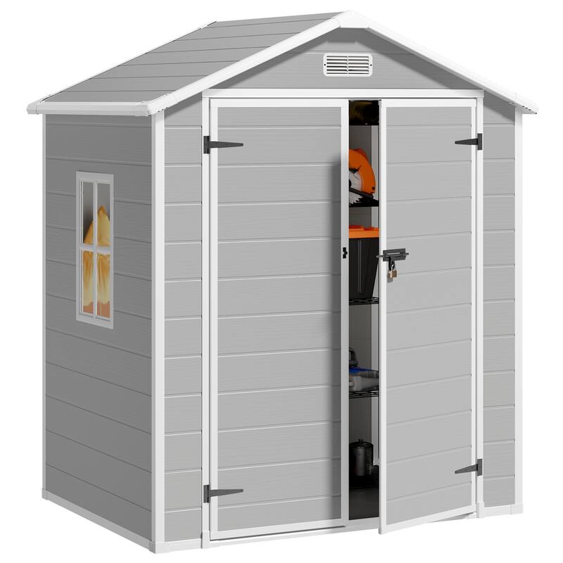 Durable Resin Outdoor Storage Shed with Floor, with Windows and Lockable Double Doors