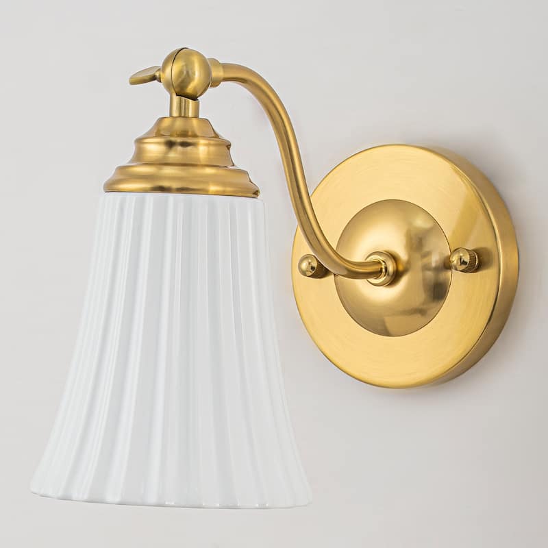 Modern Gold Wall Sconce with Fluted Ceramic Bell Shade Bathroom