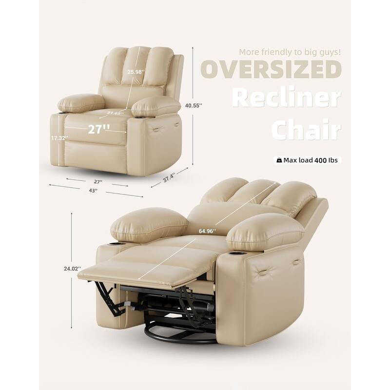 Oversized Manual Recliner Chair, with Cup Holders and Side Pockets