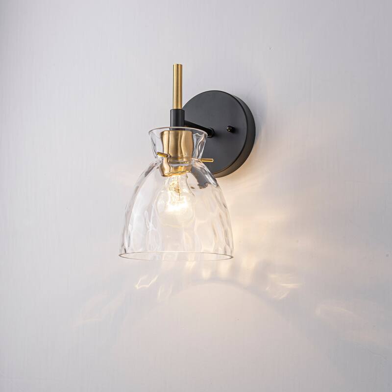 1-Light/3-Light Matte Black and Antique Brass Bathroom Vanity Light with Water-Rippled Glass Shade - 5.9 in. W  x 10.1 in. H x 7.1 in. D