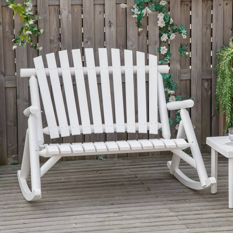 Outsunny 2-Person Wooden Rocking Chair Adirondack Rocker Bench with Rustic Style, Slatted Design - White