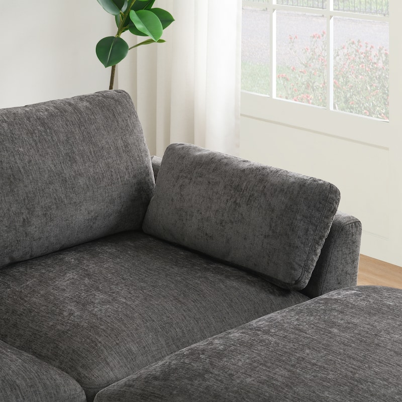 L-Shape Sectional Sofa with Folding Table, Dual-Port Charging, Side Pockets, 2 Pillows, Movable Ottoman, Chenille Modular Sofa