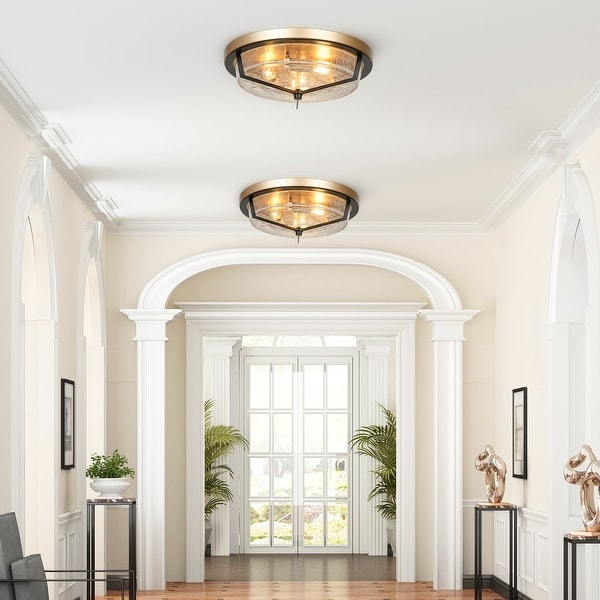 Modern Farmhouse Flush Mount Light Textured Cracked Glass LED 3 light for Hallway Black Gold D15 x H 5 On Sale Bed Bath Beyond 36046389