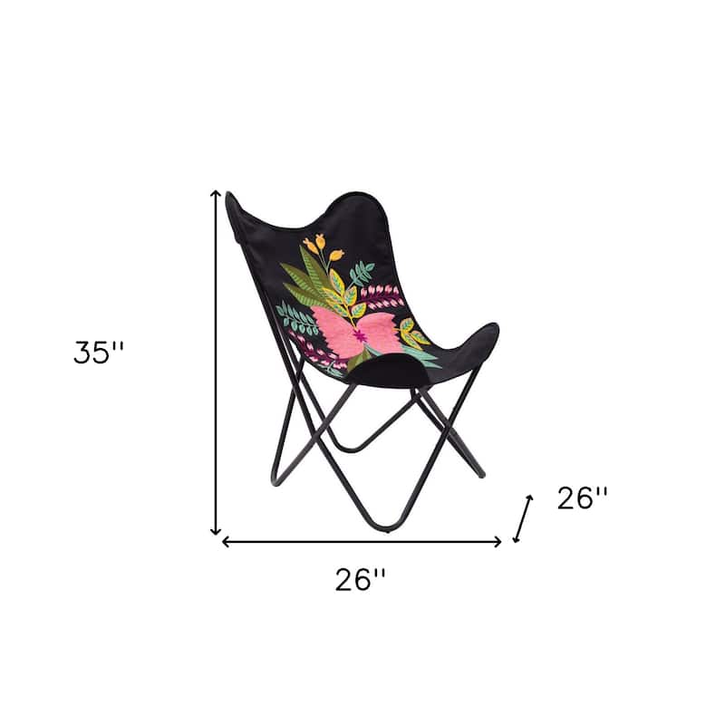 HomeRoots 26" Black With Tropical Flowers Butterfly Chair - 26' X '35' X '25.2