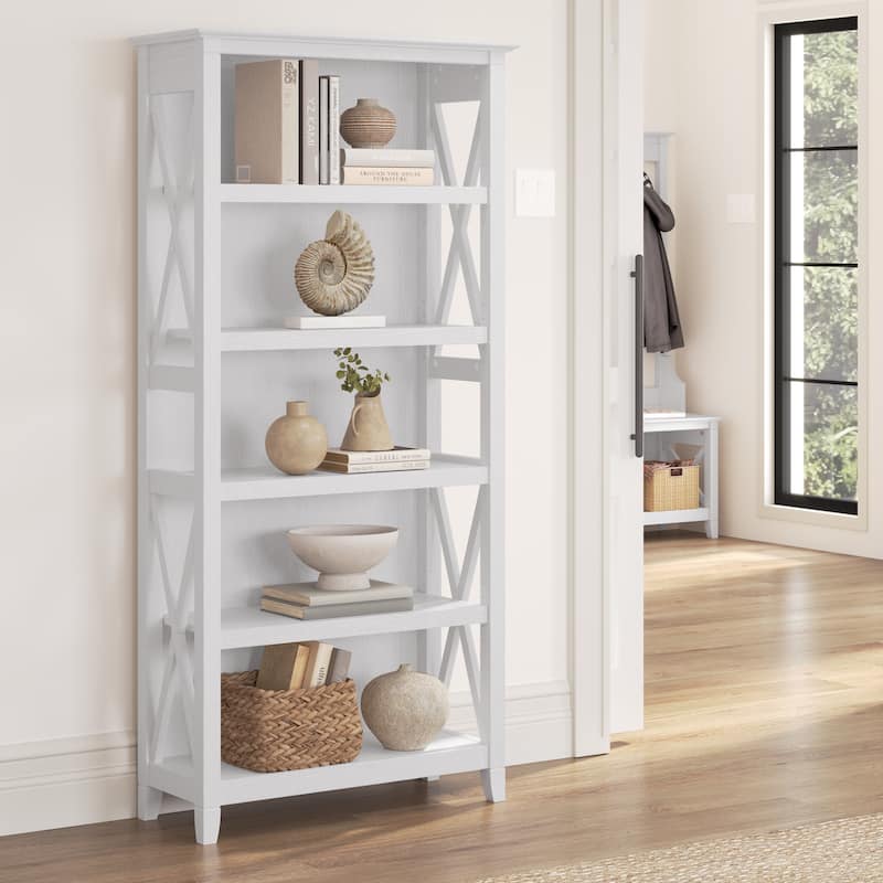 Bush Furniture Key West Tall 5 Shelf Bookcase with Adjustable Shelves - Pure White Oak