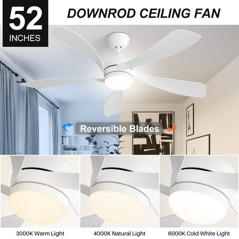 52" White Smart Ceiling Fan with LED Light, App/Remote Control, 6-Speed Reversible DC Motor
