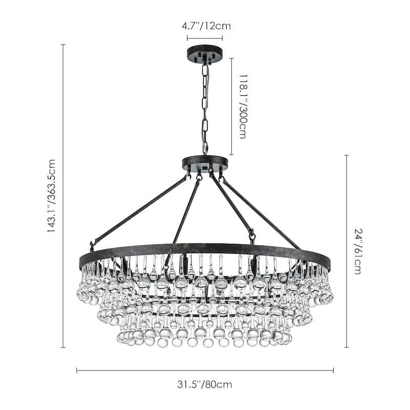 10-Light Modern Glam 31.5" 3-Tier Black Round Distressed Crystal Chandelier for Living Room