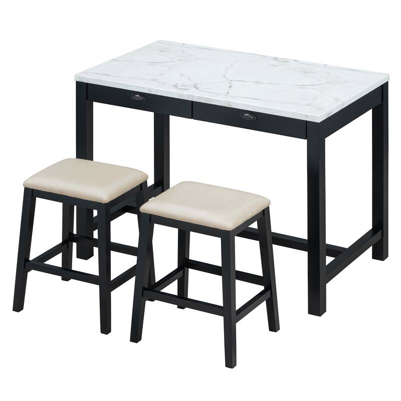 Modern Faux Marble Bar Table Set with Storage & Stools