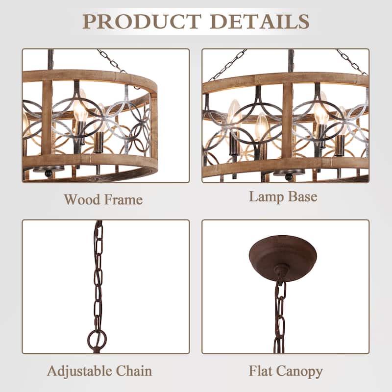 Cusp Barn 4-Light Rustic Wood Chandelier Shabby Hanging Lamp Farmhouse Drum Pendant Light Fixtures for Entryway