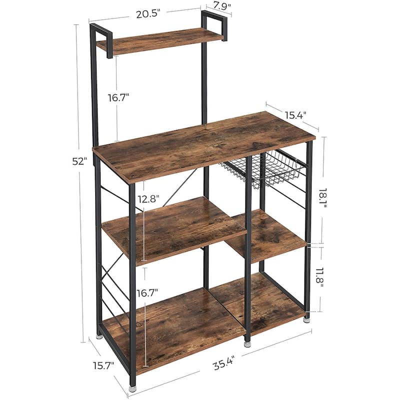 Rustic Brown Baker’s Rack Kitchen Shelf with wire Basket and 6 S-Hooks Perfect for Microwave or Oven - 35.4"L x 15.7"W x 52"H