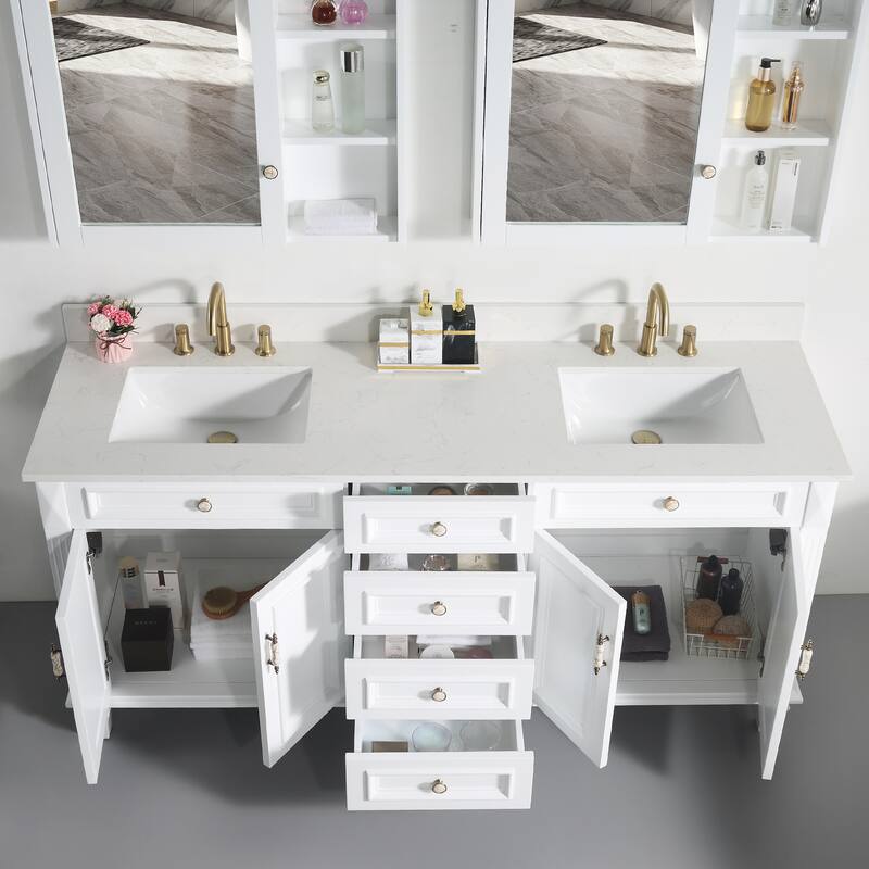 35'' H Solid Wood Bath Vanity with Stain-resistant Carrera White Quartz Top and Double Sink