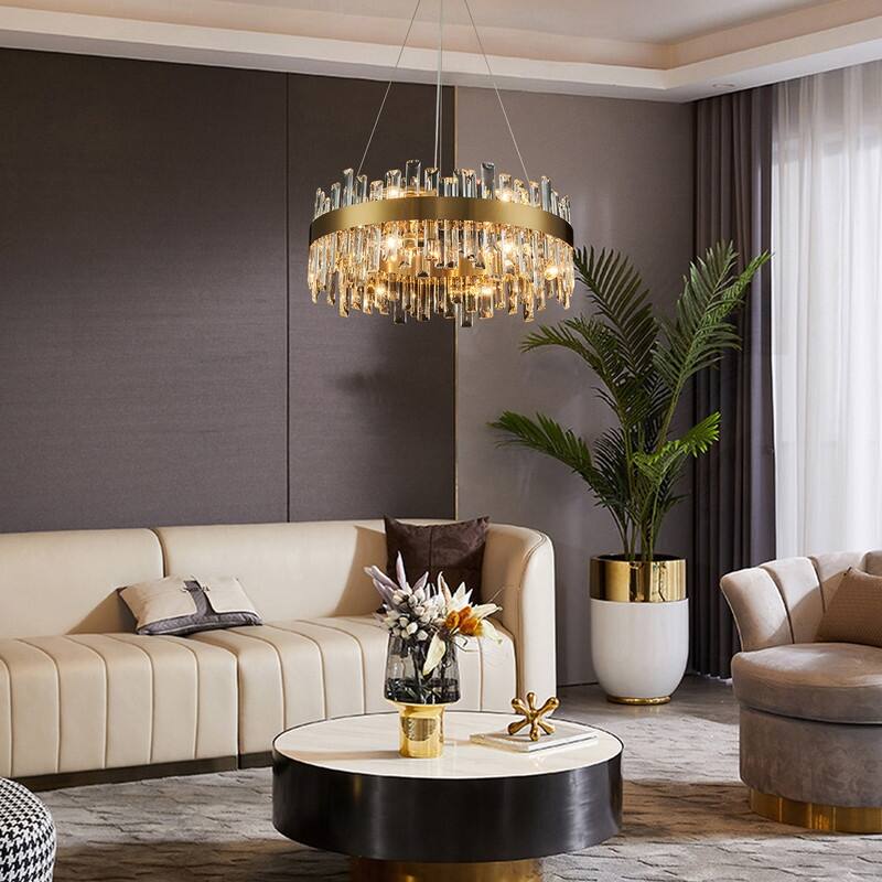 32 in. 2-Tier Modern Crystal Chandelier Brass Gold Round Crystal Raindrop Chandelier Contemporary Pendant Light for Dining Room