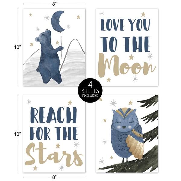 Bear and Owl Collection Wall Decor Art Prints (Set of 4) - Navy Blue Grey Gold Black Celestial Moon Star Watercolor Forest
