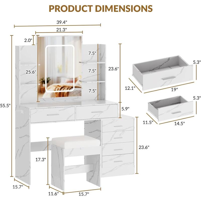 Vanity Desk with Mirror, LED Lights & Power Outlet, Makeup Table with 6 Drawers, 6 Shelves & Stool for Bedroom