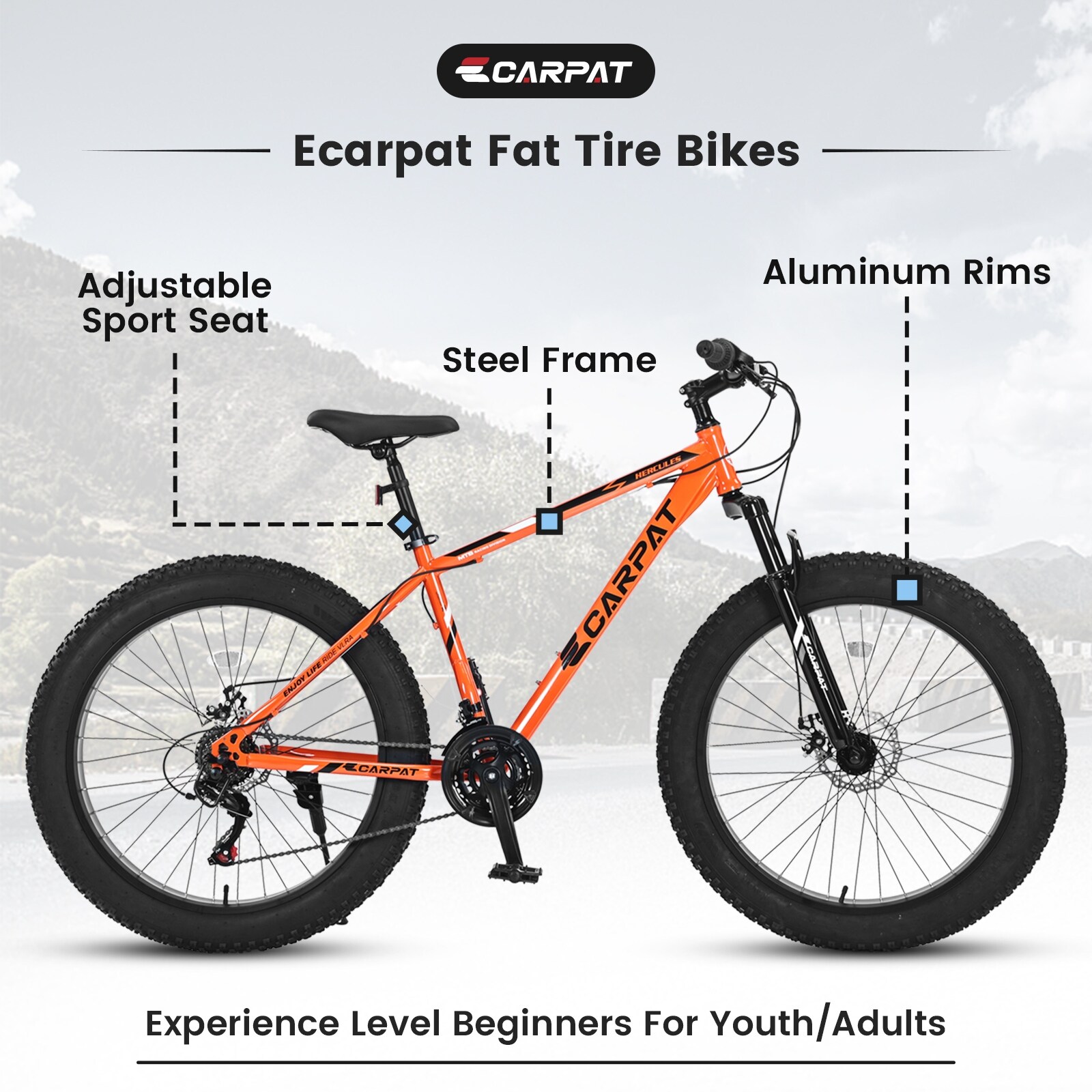26 Inch Fat Tire Bike Adult Youth Full Shimano 21 Speed Mountain Bike Dual Disc Brake Mountain Trail Bike Orange
