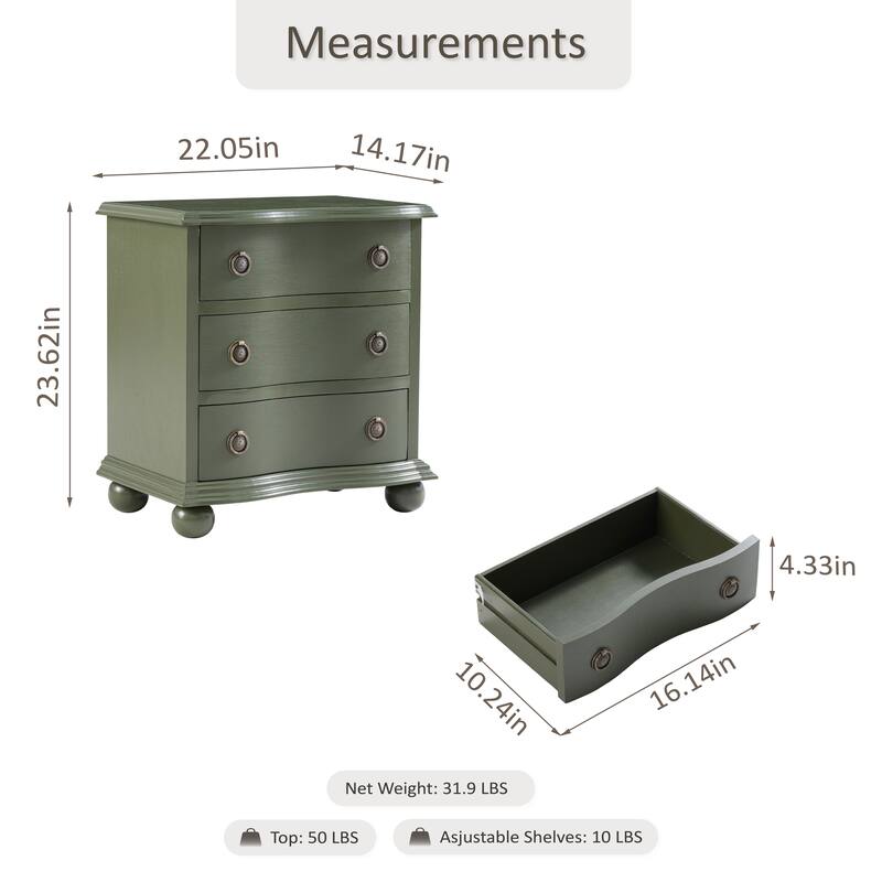 COZAYH Farmhouse 3 Drawer Nightstand with Distressed Wood Finish, Rustic Vintage Dresser with Curved Front Design