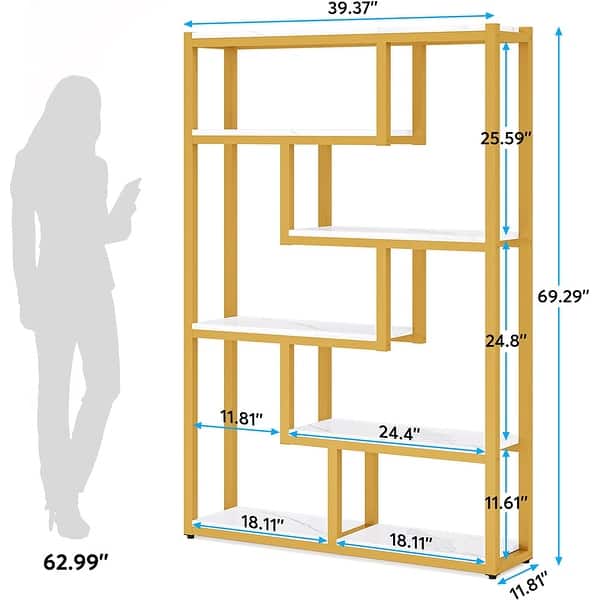 dimension image slide 1 of 2, 6-Tier Etagere Bookcase, Modern Industrial Staggered Bookshelf