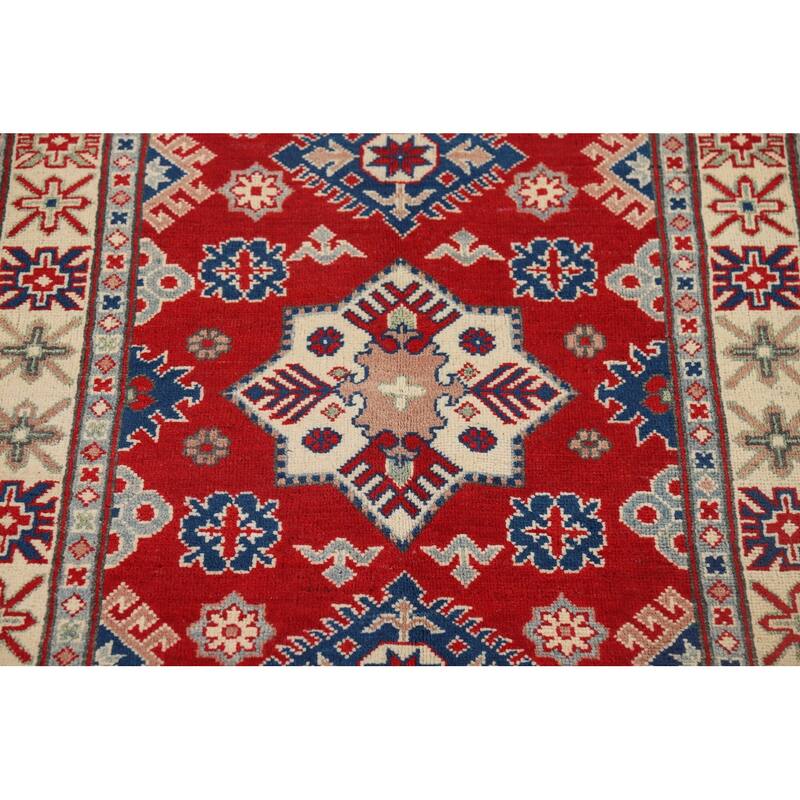 Geometric Red Kazak Accent Rug Handmade Wool Carpet - 3'4" x 5'3"