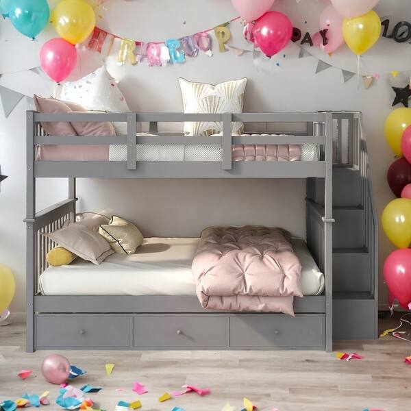 slide 2 of 10, Full-Over-Full Stairway Wood Bunk Bed with Drawer,With Set Of Stairs,Storage and Guard Rail for Bedroom,Gray Gray