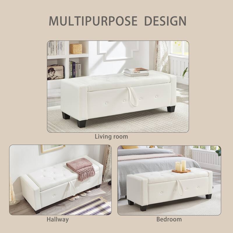 Bedroom End of Bed Bench Ivory White Storage Bench with Wood Legs, Leather Bench Upholstered Bench Dining Bench