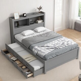 Full Size Bed Frame with Trundle, Drawers, and USB Ports for Modern Spaces, Grey