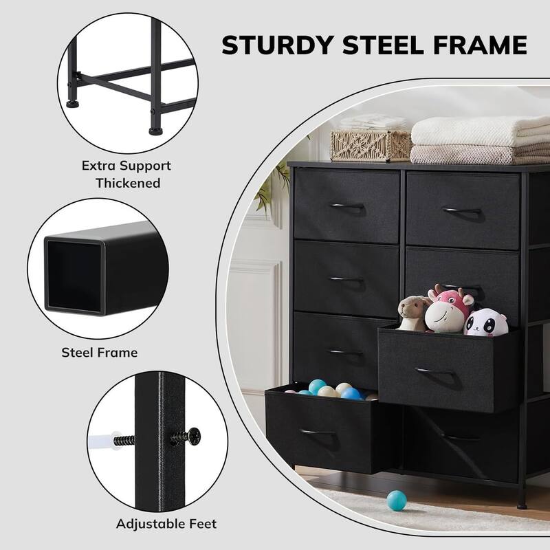 Dresser for Bedroom with 8 Drawers, Anti-Tip Tall Fabric Chests Storage Organizer Tower Furniture with Wooden Top Metal Frame