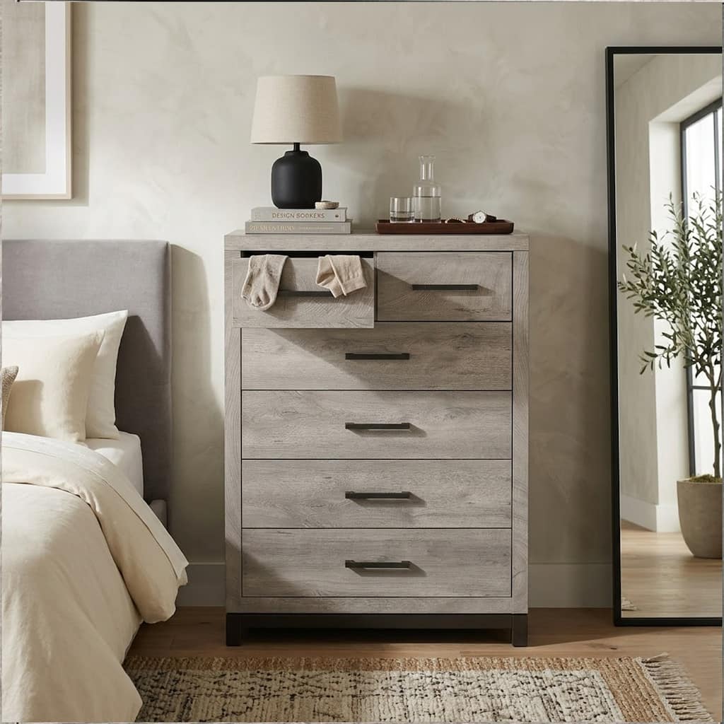 Deena 49 Inch 6 Drawer Tall Dresser Chest with Metal Handles, Light Gray