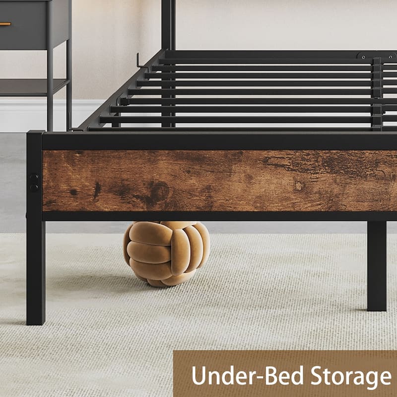 Bed Frames, Storage Headboard with Outlets, No Box Springs Needed