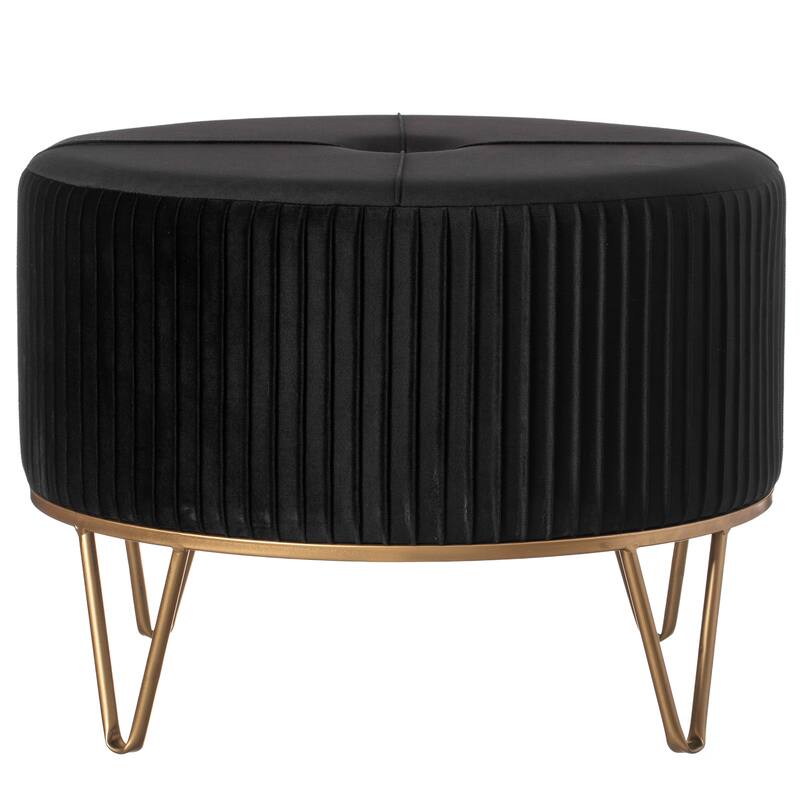 Round Velvet Ottoman Stool Raised with Hairpin Gold Base - Black Large