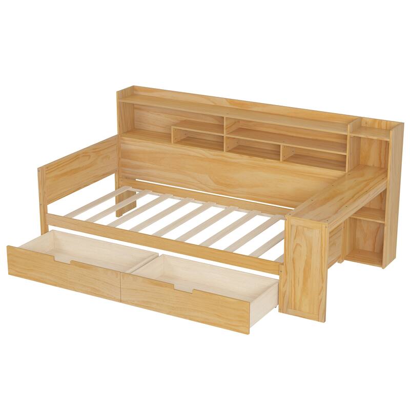 Twin Size Wooden Daybed Platform Bed with Recessed Desk Storage Shelves and 2 Drawers Under Bed for Compact Spaces, Bedroom